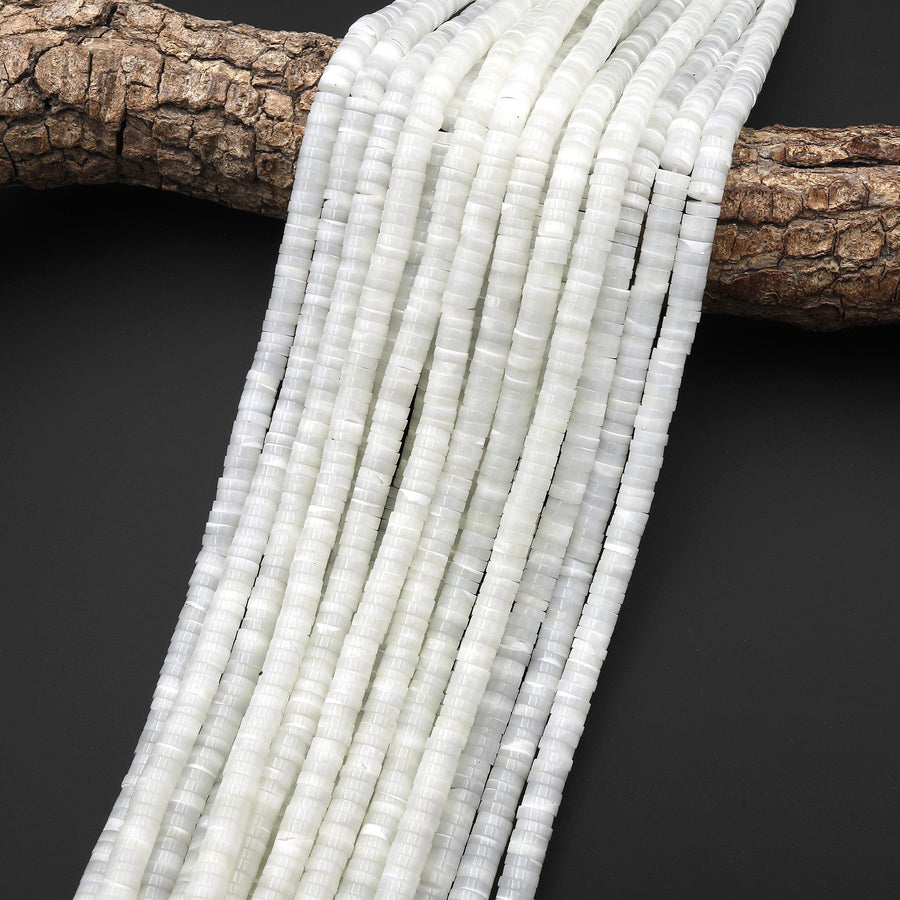AAA Natural White Mother of Pearl 4mm 6mm 8mm 10mm Thin Heishi Rondelle Beads 15.5" Strand