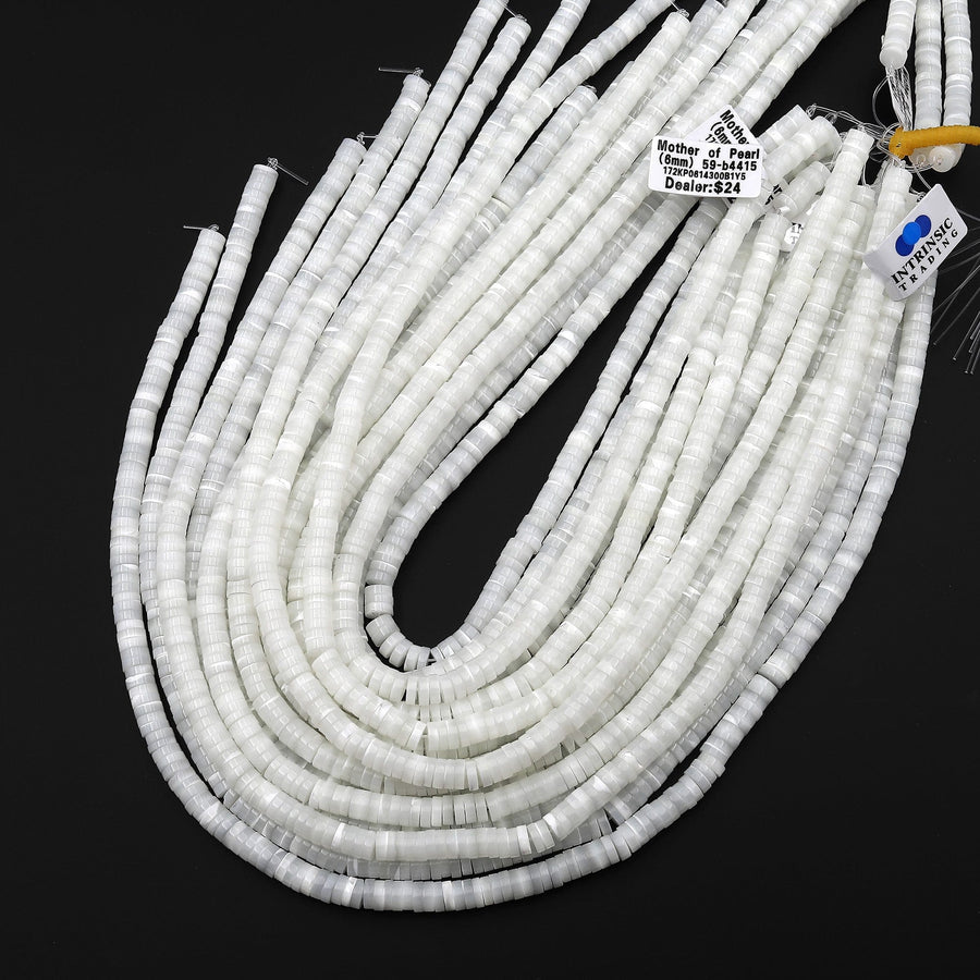 AAA Natural White Mother of Pearl 4mm 6mm 8mm 10mm Thin Heishi Rondelle Beads 15.5" Strand