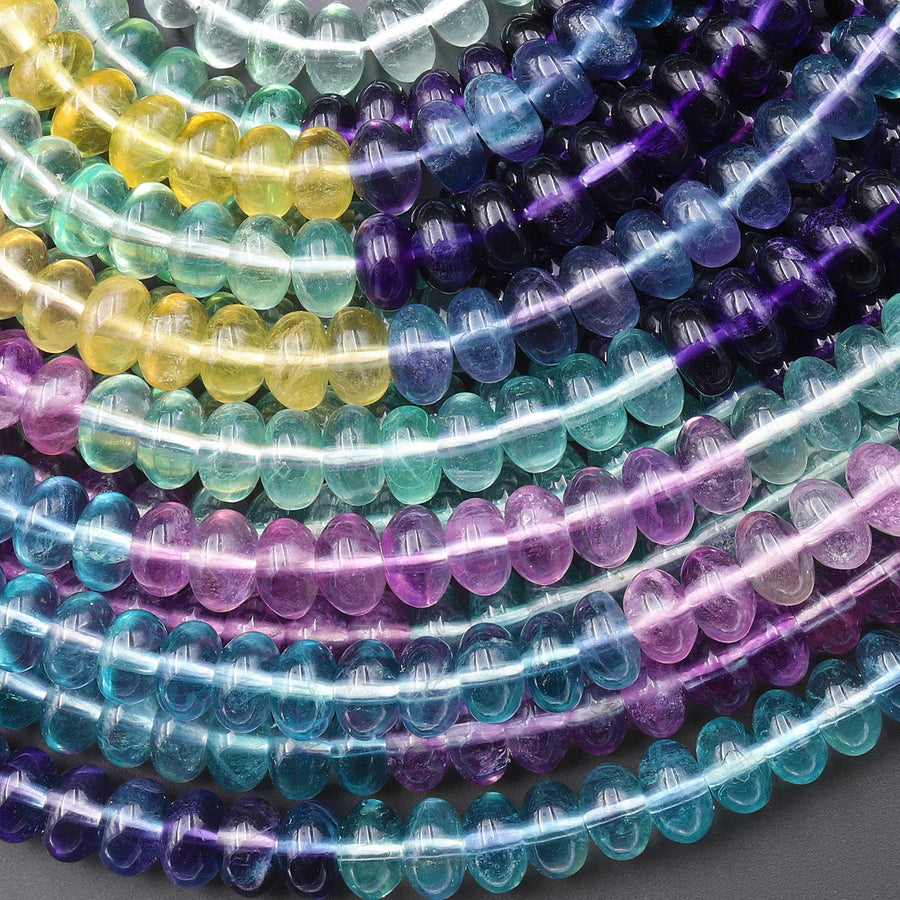 Natural Fluorite 6mm Rondelle Beads Vibrant Multicolor Violet Purple Teal Green Honey Yellow Gemstone Beads 15.5" Strand