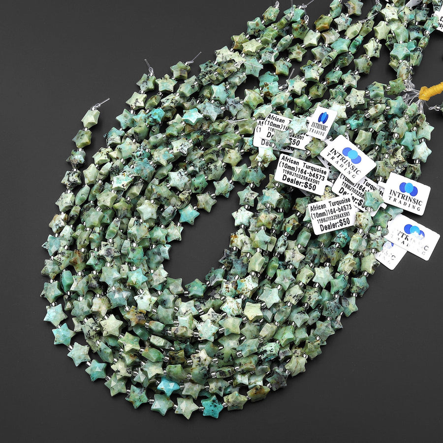 Natural African Turquoise Beads Faceted 10mm Carved Star Gemstone 15.5" Strand