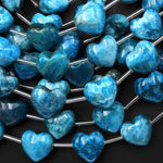 AAA Natural Teal Blue Apatite Beads Gemstone Puffy Smooth Heart Top Side Drilled 8" Strand