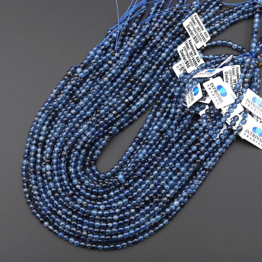 AAA Translucent Natural Santa Maria Blue Aquamarine 4mm Smooth Round Beads Real Genuine Gemstone March Birthstone 15.5" Strand