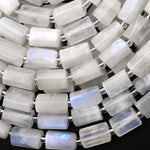 Natural Rainbow Moonstone Smooth Tube Beads Blue Flashes 15.5" Strand