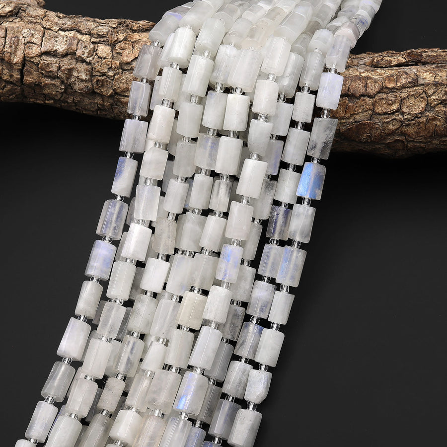 Natural Rainbow Moonstone Smooth Tube Beads Blue Flashes 15.5" Strand