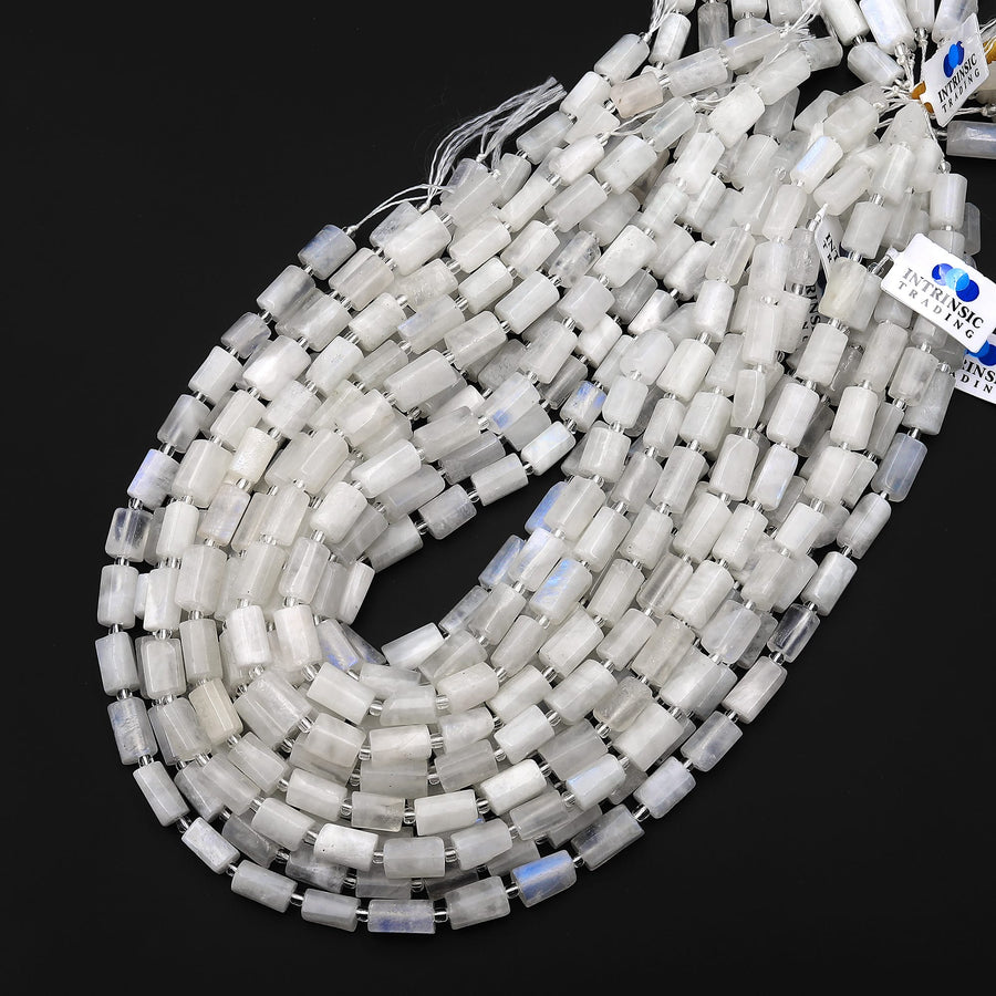 Natural Rainbow Moonstone Smooth Tube Beads Blue Flashes 15.5" Strand