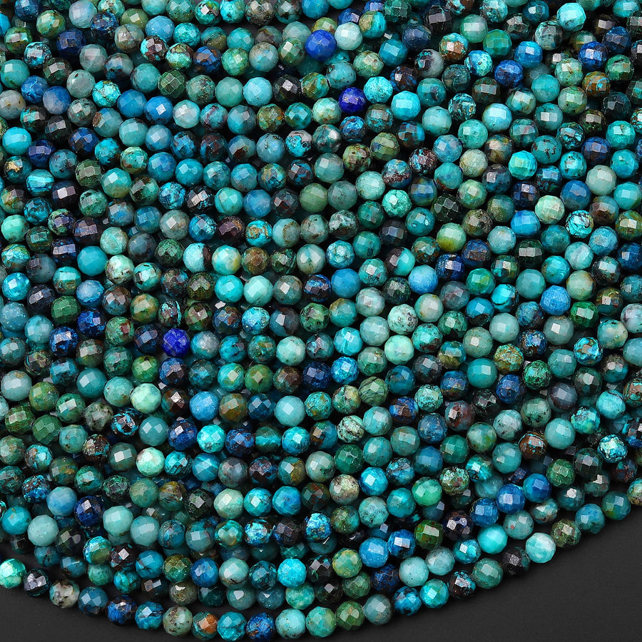 AAA Micro Faceted Natural Chrysocolla Azurite Round Beads 3mm 4mm Laser Diamond Cut Blue Green Gemstone 15.5" Strand