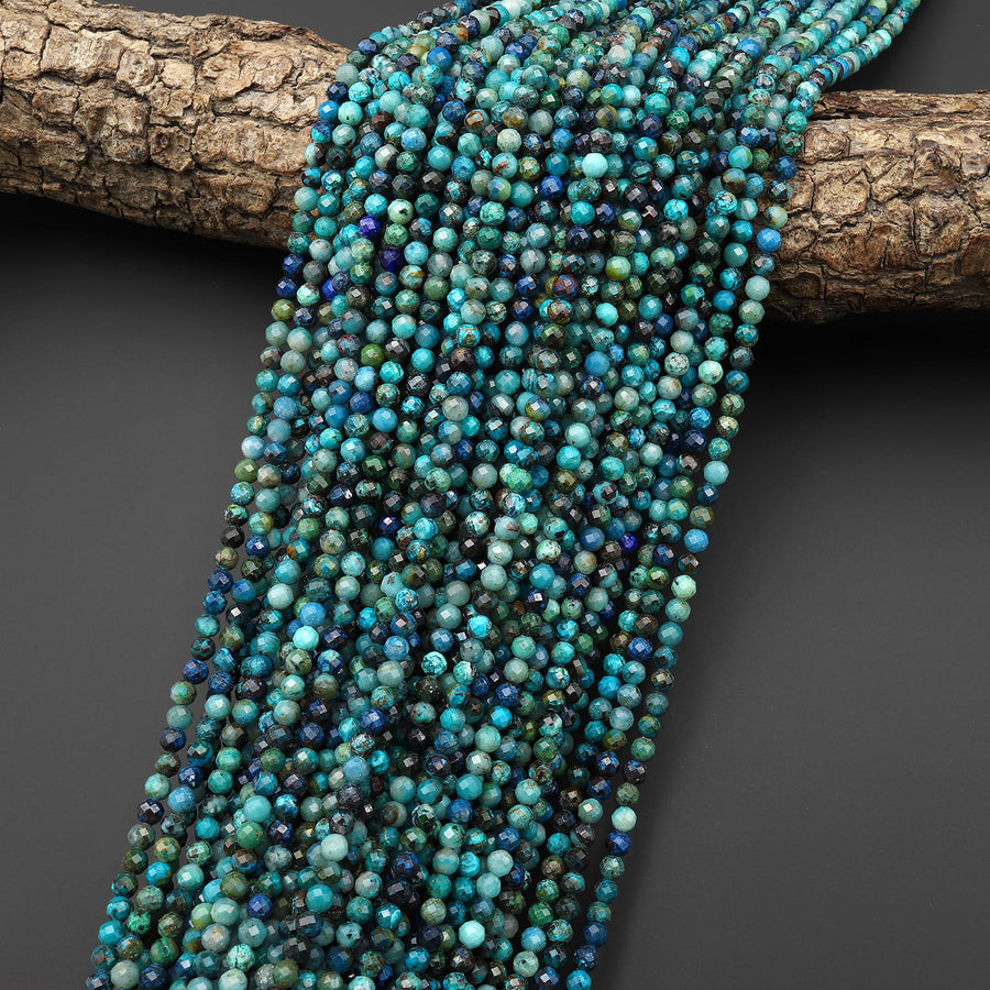 AAA Micro Faceted Natural Chrysocolla Azurite Round Beads 3mm 4mm Laser Diamond Cut Blue Green Gemstone 15.5" Strand