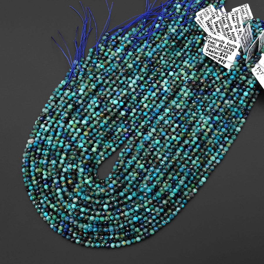 AAA Micro Faceted Natural Chrysocolla Azurite Round Beads 3mm 4mm Laser Diamond Cut Blue Green Gemstone 15.5" Strand