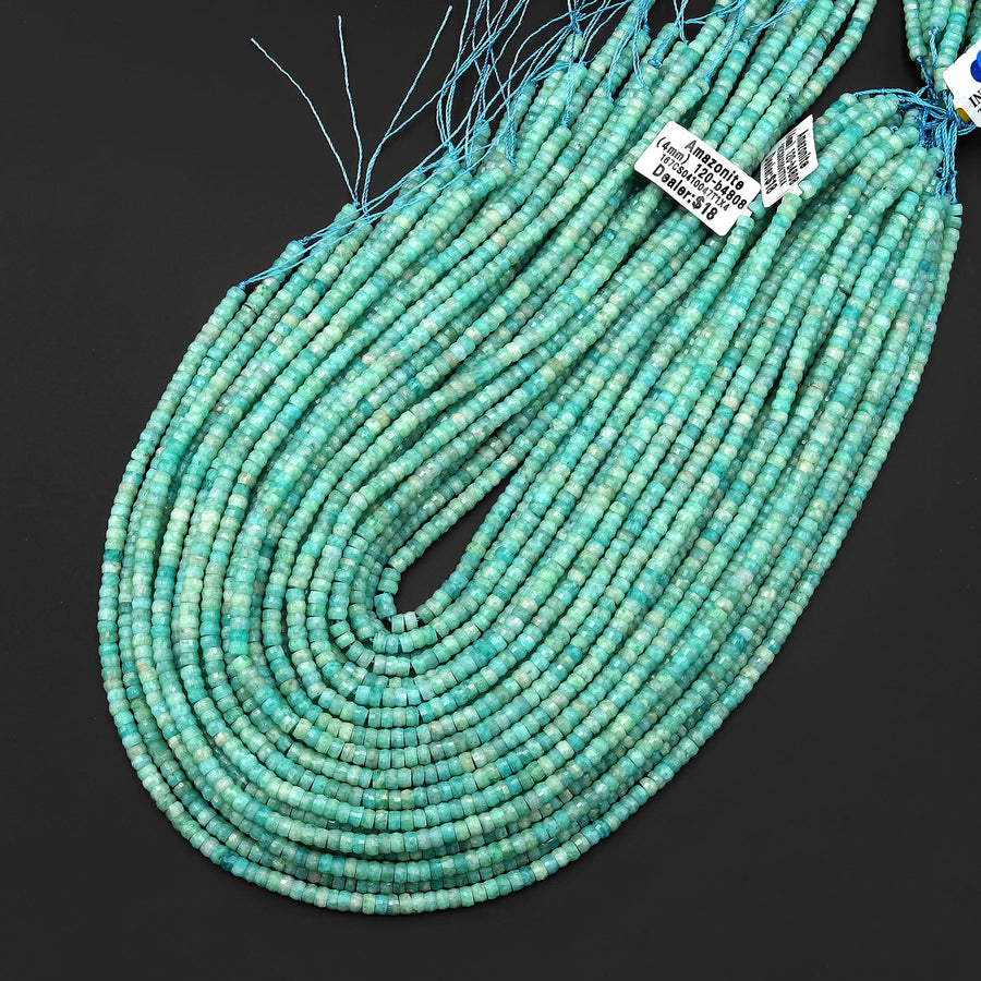 AAA Faceted Natural Aqua Blue Green Peruvian Amazonite Heishi Rondelle Beads 4mm 15" Strand