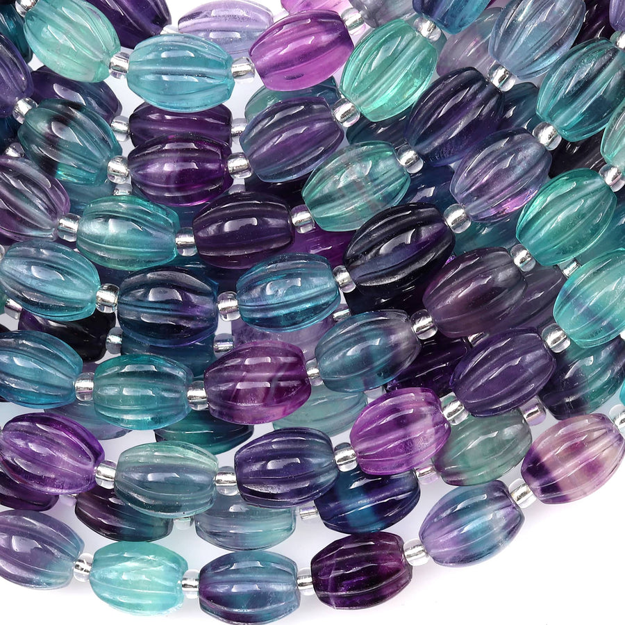Natural Blue Green Purple Fluorite Carved Melon Barrel Beads 10x8mm 3D