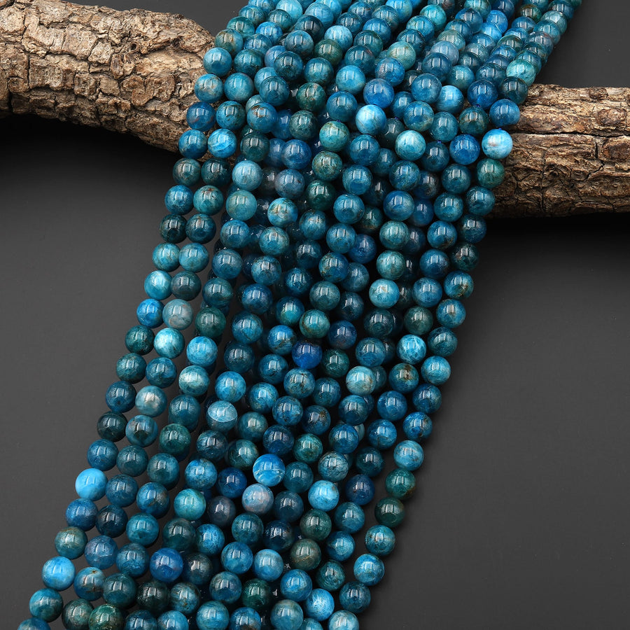 Natural Teal Blue Apatite 4mm 6mm 8mm 10mm Round Beads Smooth Polished Gemstone Beads 15.5" Strand