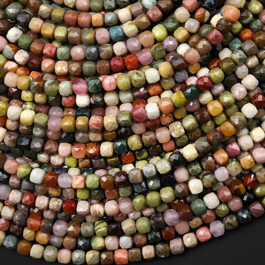 Faceted Natural Imperial Jasper 4mm Cube Beads Micro Diamond Cut Gemstone 15.5" Strand