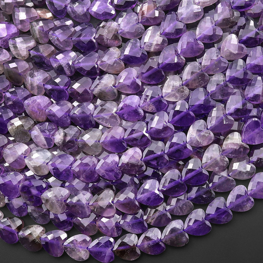 Natural Purple Amethyst Faceted Heart Beads 6mm 8mm Center Drilled Gemstone 15.5" Strand