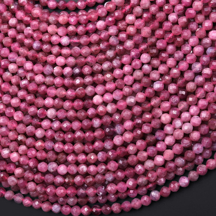 AAA Micro Faceted Natural Pink Tourmaline Faceted 2mm 3mm 4mm Round Beads Diamond Cut Gemstone 15.5" Strand