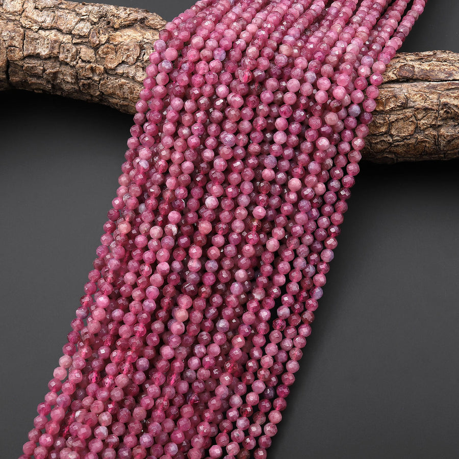 AAA Micro Faceted Natural Pink Tourmaline Faceted 2mm 3mm 4mm Round Beads Diamond Cut Gemstone 15.5" Strand