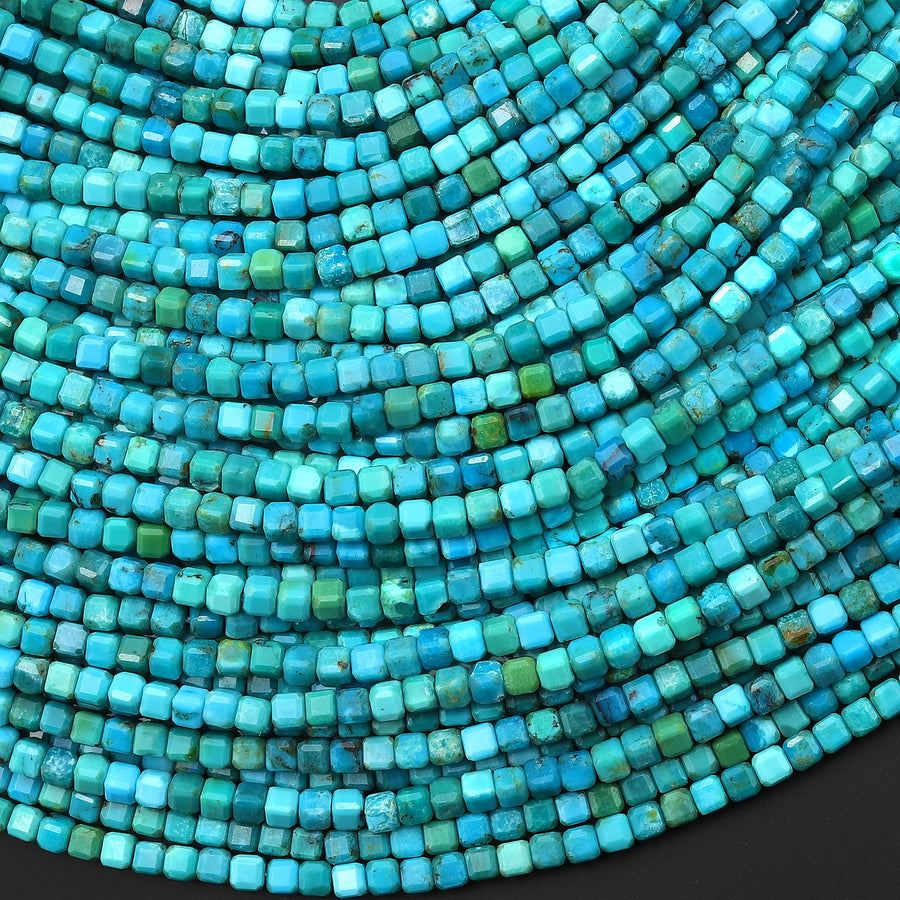 Genuine Natural Blue Green Turquoise Faceted 2mm 3mm Cube Beads 15.5" Strand