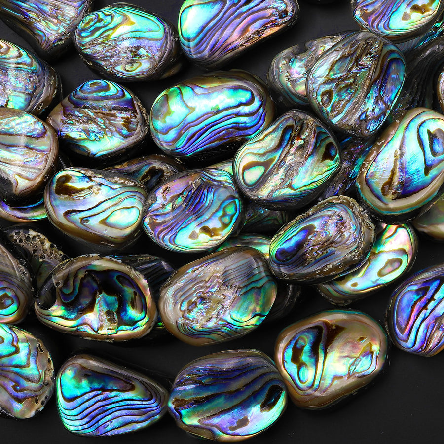 Large Freeform Natural Abalone Nugget Beads Iridescent Rainbow Blue Green Purple Flash 15.5" Strand