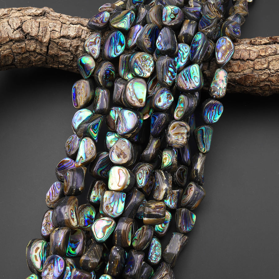 Large Freeform Natural Abalone Nugget Beads Iridescent Rainbow Blue Green Purple Flash 15.5" Strand