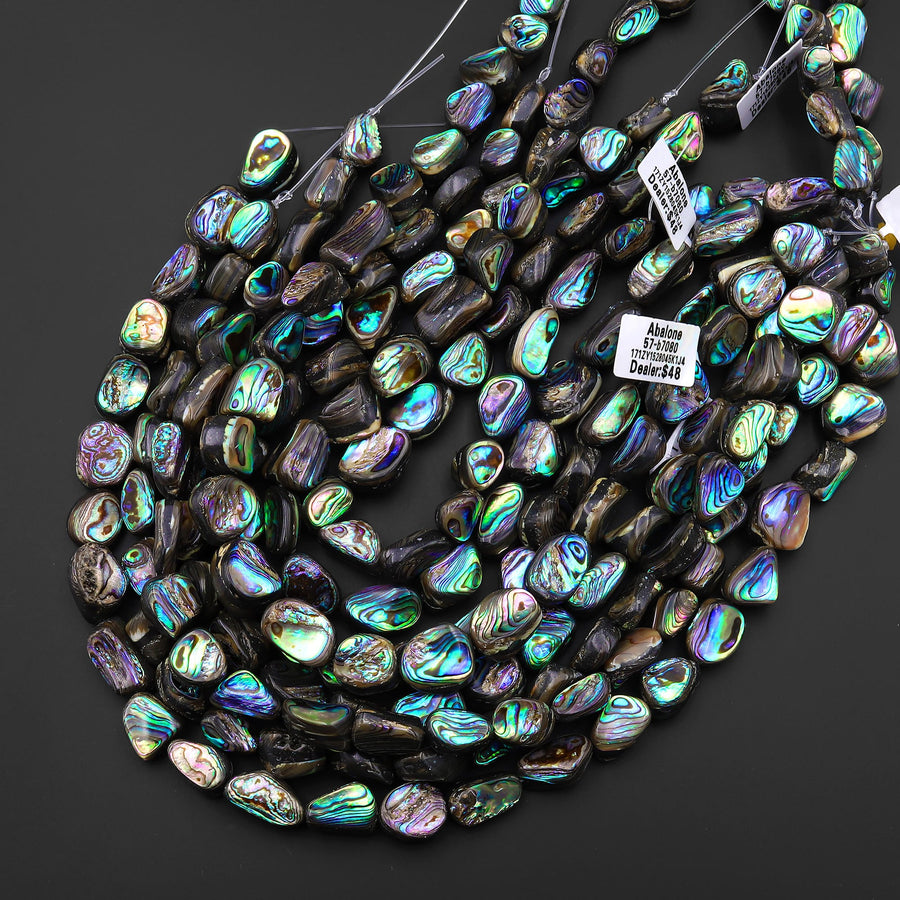 Large Freeform Natural Abalone Nugget Beads Iridescent Rainbow Blue Green Purple Flash 15.5" Strand