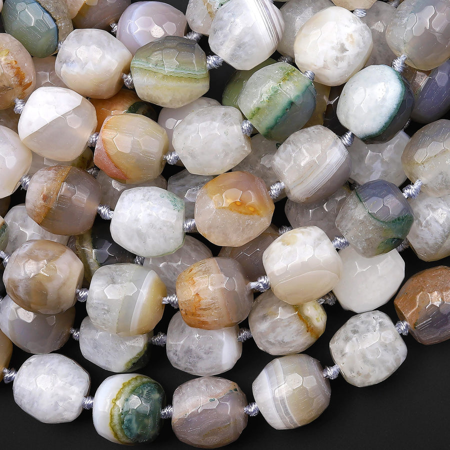 Rare Faceted Phantom Agate Beads Barrel Drum Cylinder Shape Gemstone 15.5" Strand