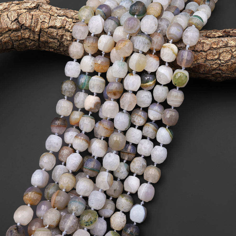 Rare Faceted Phantom Agate Beads Barrel Drum Cylinder Shape Gemstone 15.5" Strand