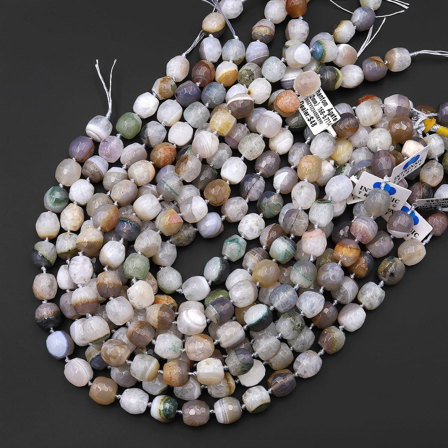 Rare Faceted Phantom Agate Beads Barrel Drum Cylinder Shape Gemstone 15.5" Strand