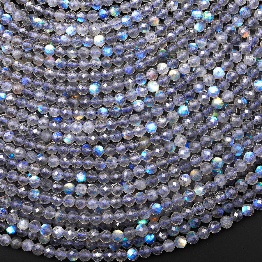 AAA Faceted Natural Rainbow Blue Labradorite 3mm 4mm Round Beads w/ Brilliant Flashes 15.5" Strand
