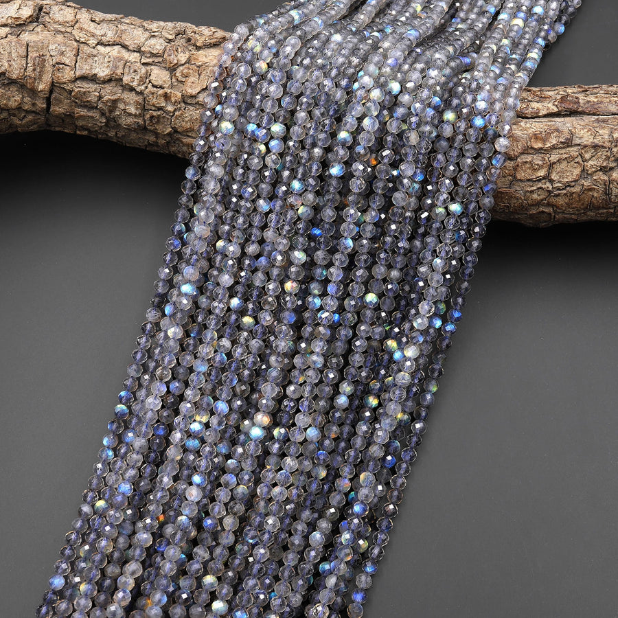 AAA Faceted Natural Rainbow Blue Labradorite 3mm 4mm Round Beads w/ Brilliant Flashes 15.5" Strand