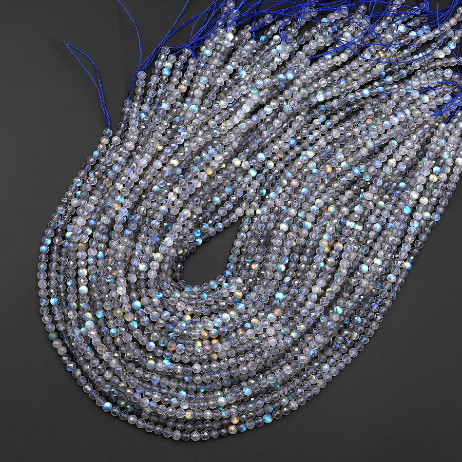 AAA Faceted Natural Rainbow Blue Labradorite 3mm 4mm Round Beads w/ Brilliant Flashes 15.5" Strand
