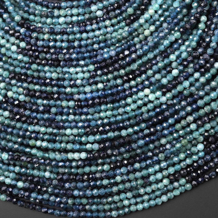Natural Paraiba Blue Tourmaline Faceted 2mm 3mm 4mm Round Beads Gradient Shaded Indicolite Gemstone 15.5" Strand