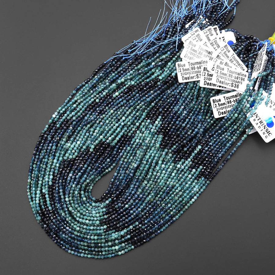 Natural Paraiba Blue Tourmaline Faceted 2mm 3mm 4mm Round Beads Gradient Shaded Indicolite Gemstone 15.5" Strand