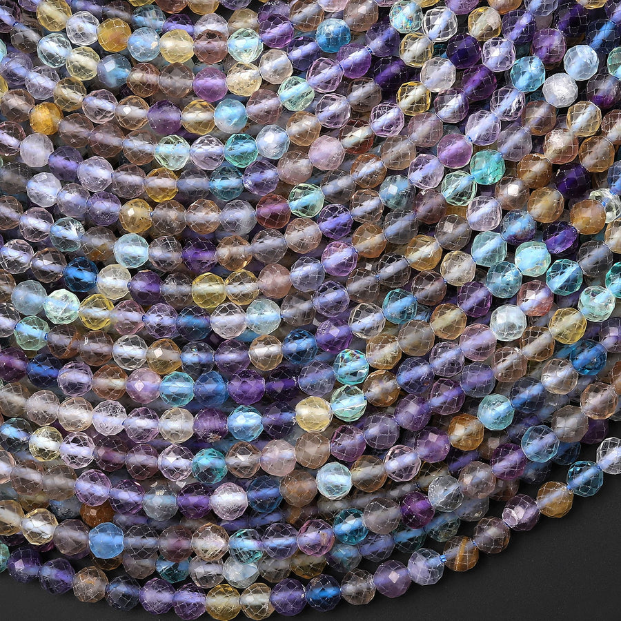 AAA Sparkling Natural Rainbow Fluorite Faceted 4mm Round Beads Purple Green Gemstone 15.5" Strand
