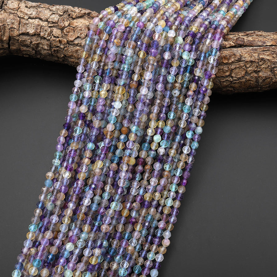 AAA Sparkling Natural Rainbow Fluorite Faceted 4mm Round Beads Purple Green Gemstone 15.5" Strand