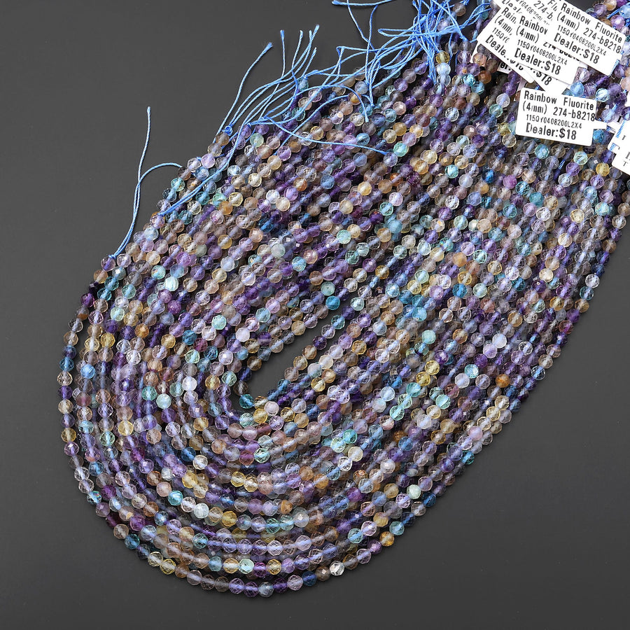AAA Sparkling Natural Rainbow Fluorite Faceted 4mm Round Beads Purple Green Gemstone 15.5" Strand