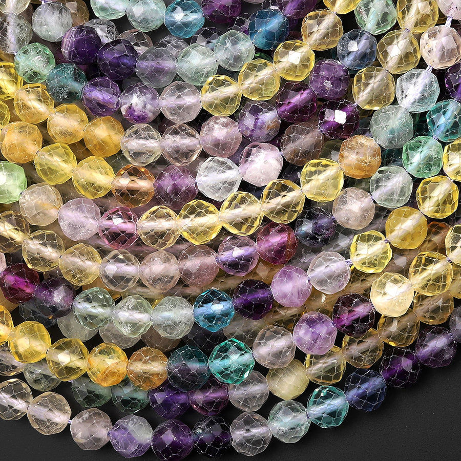 AAA Natural Multicolor Rainbow Fluorite Faceted 4mm 6mm Round Beads Golden Yellow Purple Green Shaded 15.5" Strand