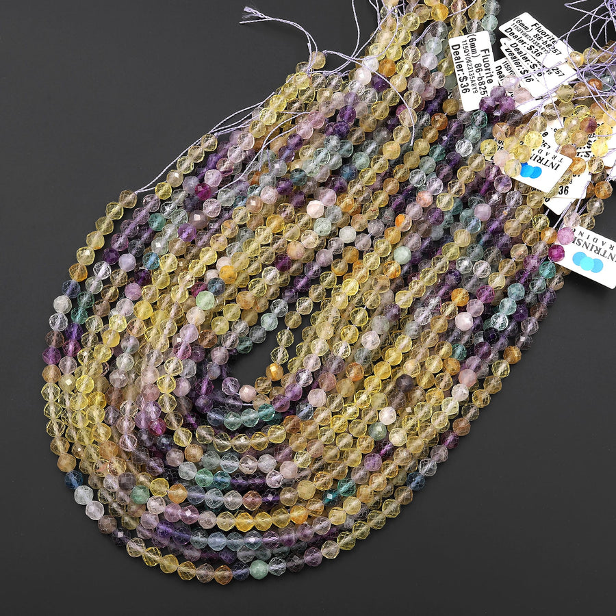 AAA Natural Multicolor Rainbow Fluorite Faceted 4mm 6mm Round Beads Golden Yellow Purple Green Shaded 15.5" Strand
