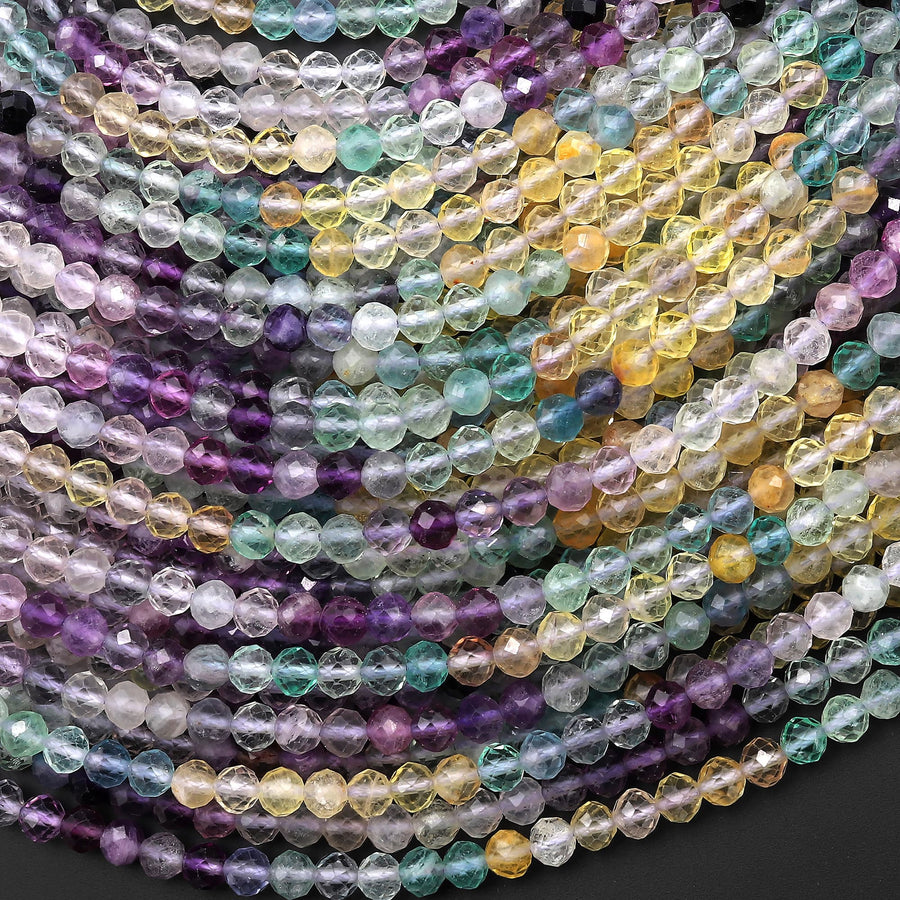 AAA Natural Multicolor Fluorite Faceted 4mm Round Beads Pink Purple Green Yellow Gemstone Bead 15.5" Strand