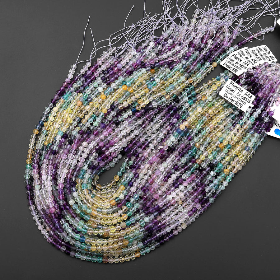 AAA Natural Multicolor Fluorite Faceted 4mm Round Beads Pink Purple Green Yellow Gemstone Bead 15.5" Strand