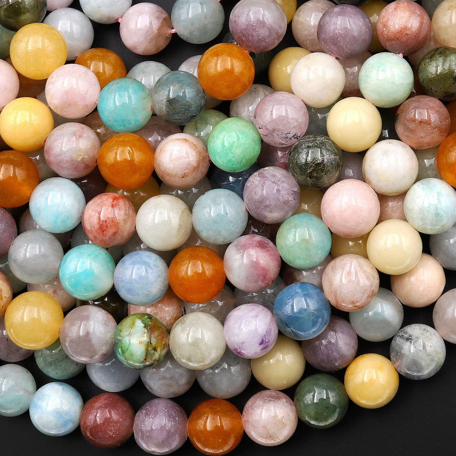 Mixed Gemstone Aquamarine Pink Tourmaline Peruvian Amazonite 6mm 8mm 10mm 12mm Round Beads 15.5" Strand
