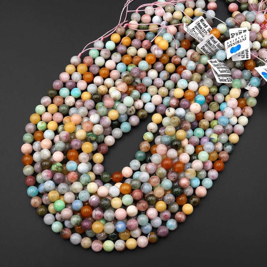 Mixed Gemstone Aquamarine Pink Tourmaline Peruvian Amazonite 6mm 8mm 10mm 12mm Round Beads 15.5" Strand