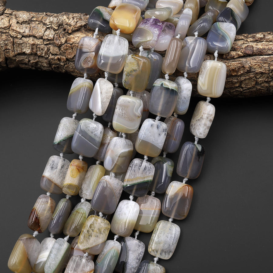 Rare Natural Phantom Agate Beads 20mm Smooth Puffy Rectangle Multicolor Gray Brown Red Green Crystal 15.5" Strand