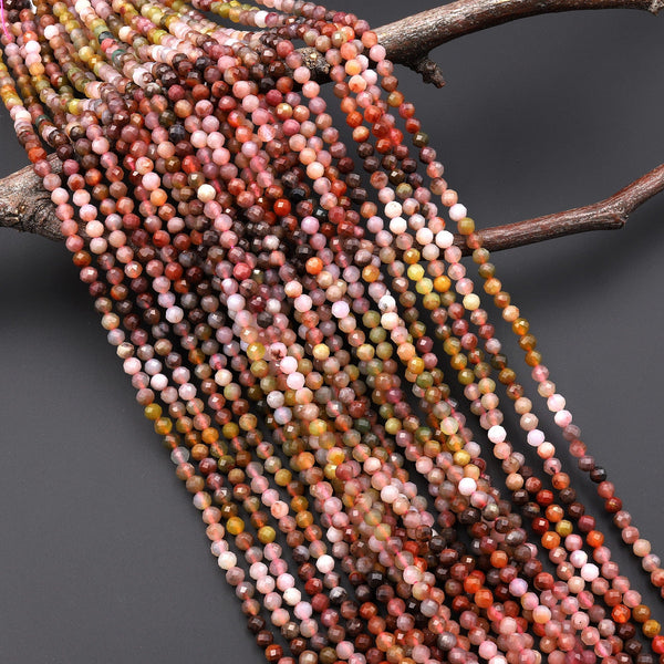 Faceted Natural Rainbow Agate 3mm 4mm Round Beads Earthy Pink Peach Canary Green Caramel Gemstones 15.5" Strand