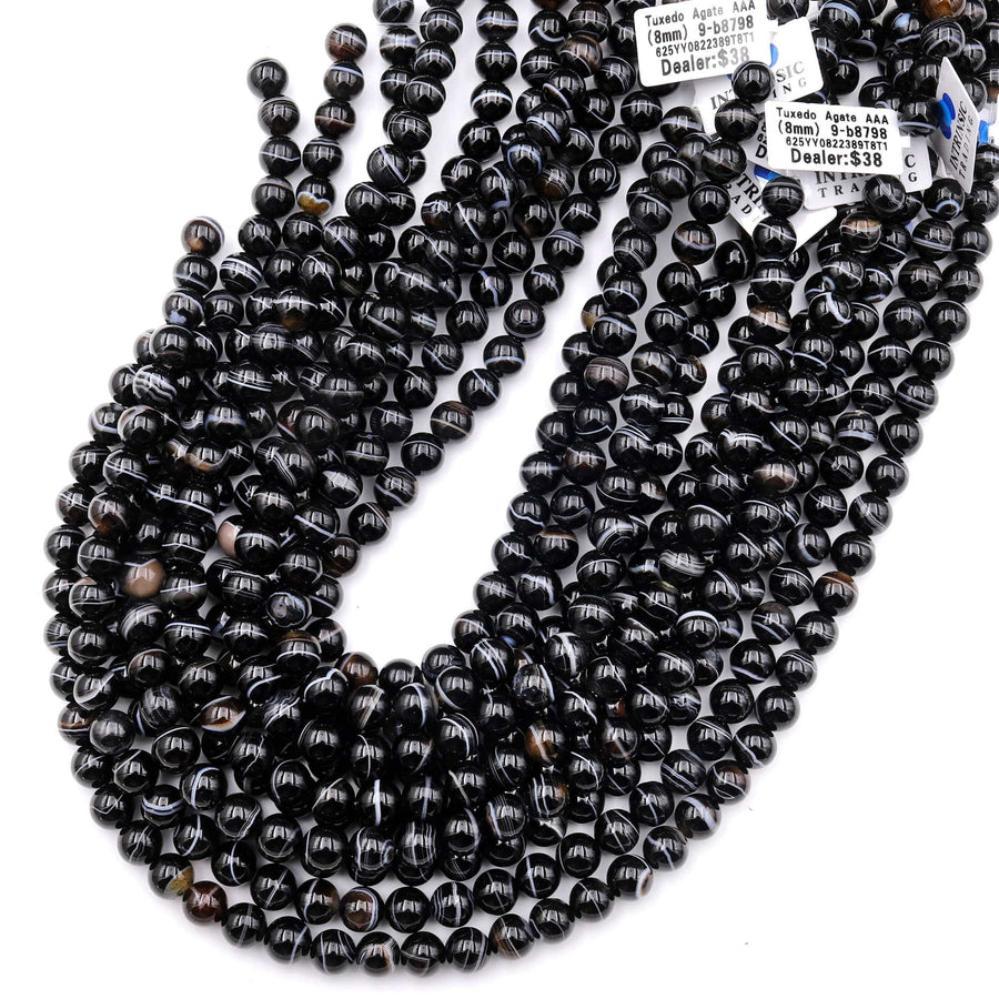 AAA Natural Tuxedo Agate Smooth Round Beads 8mm 10mm Black White Stripes 15.5" Strand