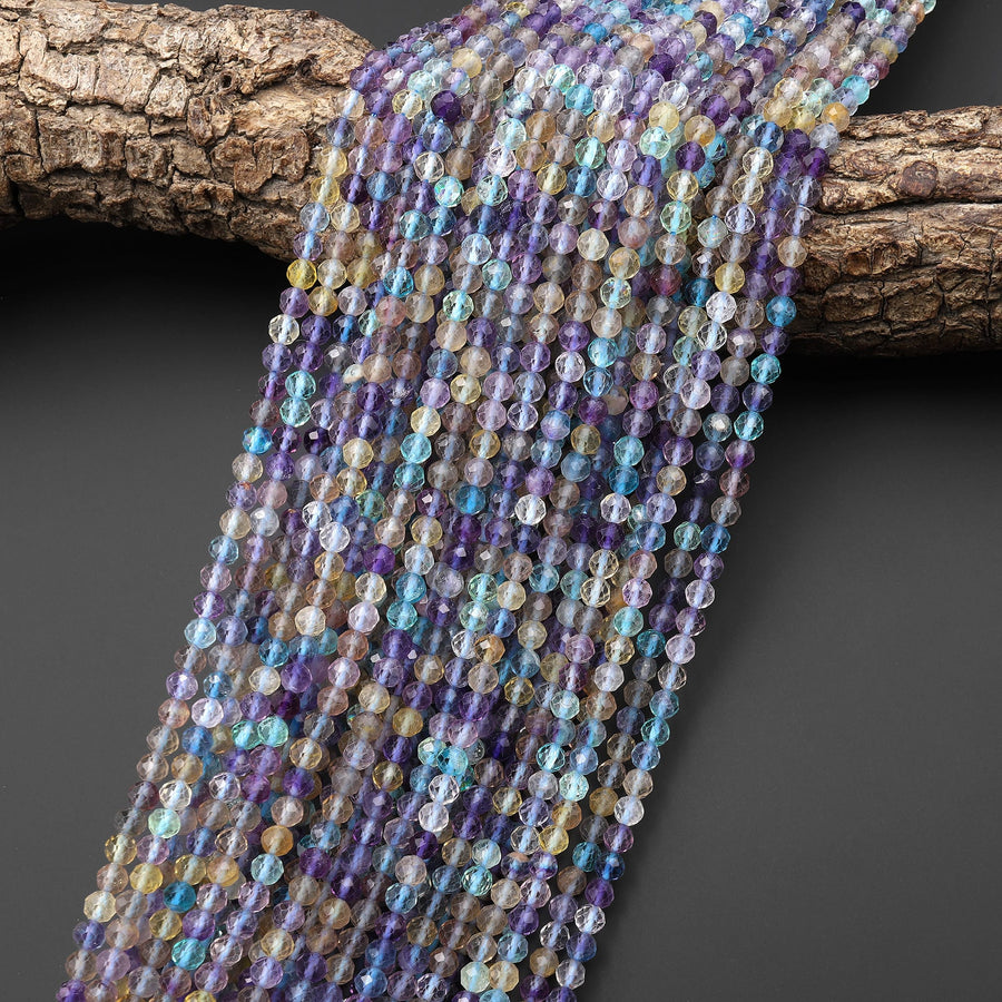 AAA Sparkling Natural Rainbow Fluorite Faceted 4mm Round Beads Purple Green Gemstone 15.5" Strand