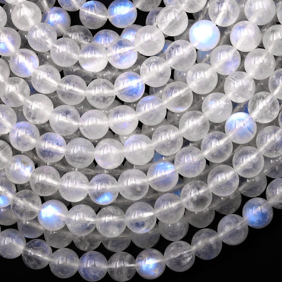 AAA Natural Rainbow Moonstone Round Beads 4mm 6mm 8mm 10mm Blue Flashes Super Translucent Gemstone 15.5" Strand