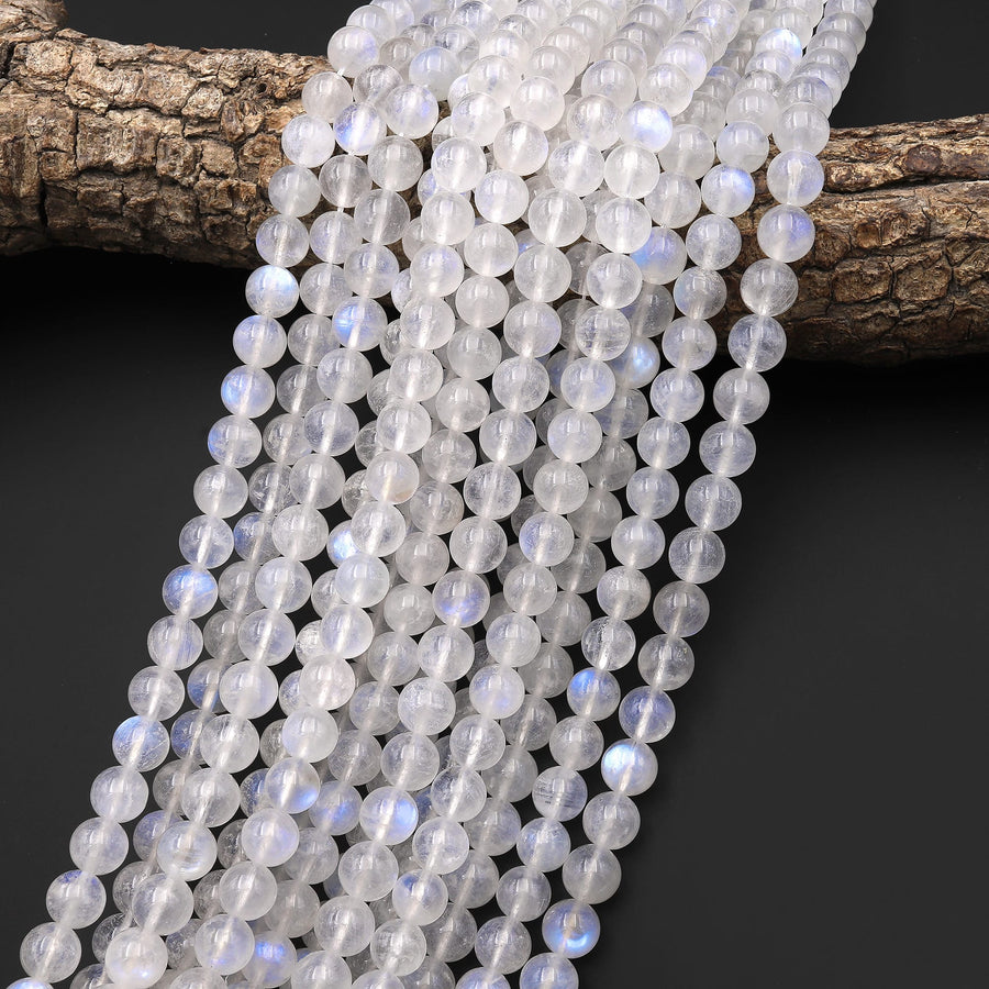 AAA Natural Rainbow Moonstone Round Beads 4mm 6mm 8mm 10mm Blue Flashes Super Translucent Gemstone 15.5" Strand