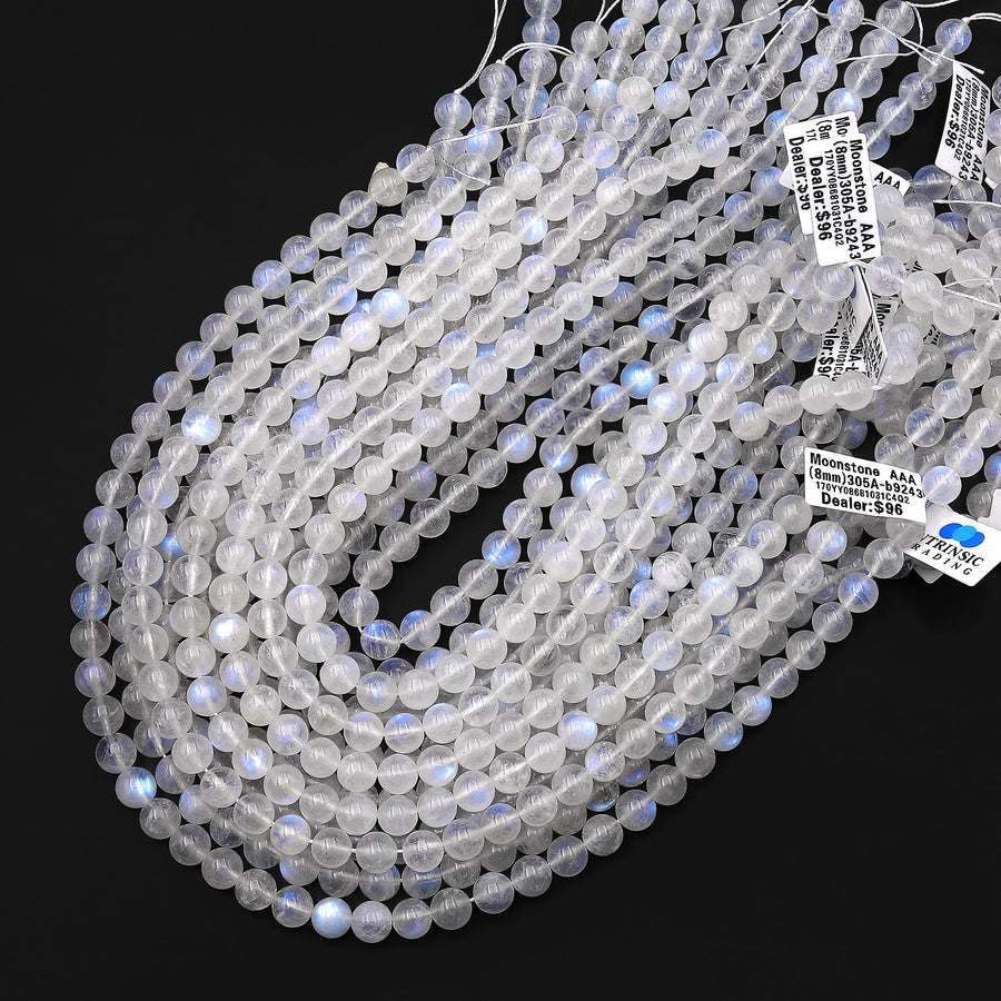 AAA Natural Rainbow Moonstone Round Beads 4mm 6mm 8mm 10mm Blue Flashes Super Translucent Gemstone 15.5" Strand