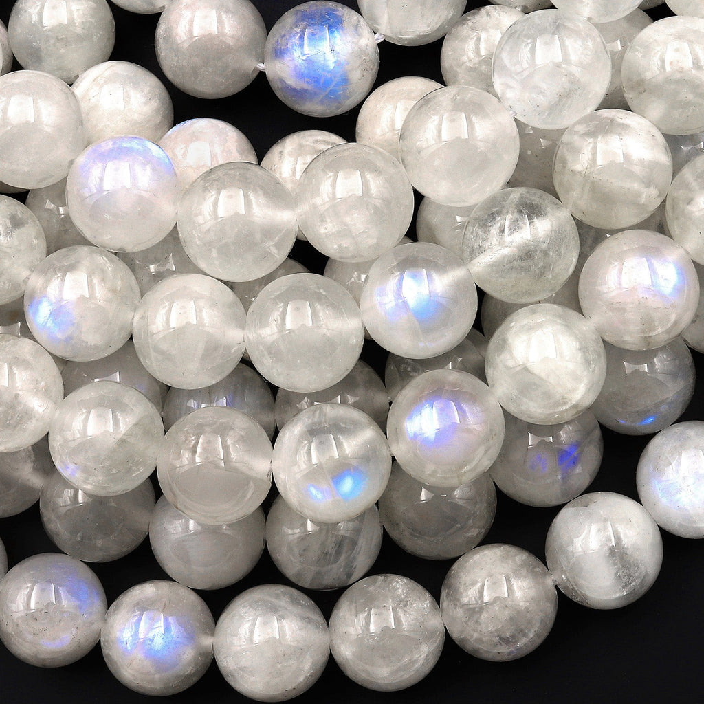 Large Translucent Natural Rainbow Moonstone 12mm Round Beads Blue Flashes 15.5" Strand