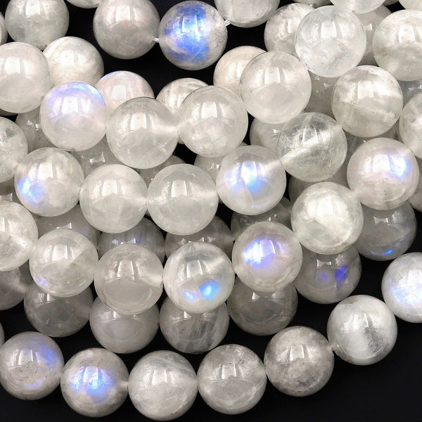 Large Translucent Natural Rainbow Moonstone 12mm Round Beads Blue Flashes 15.5" Strand