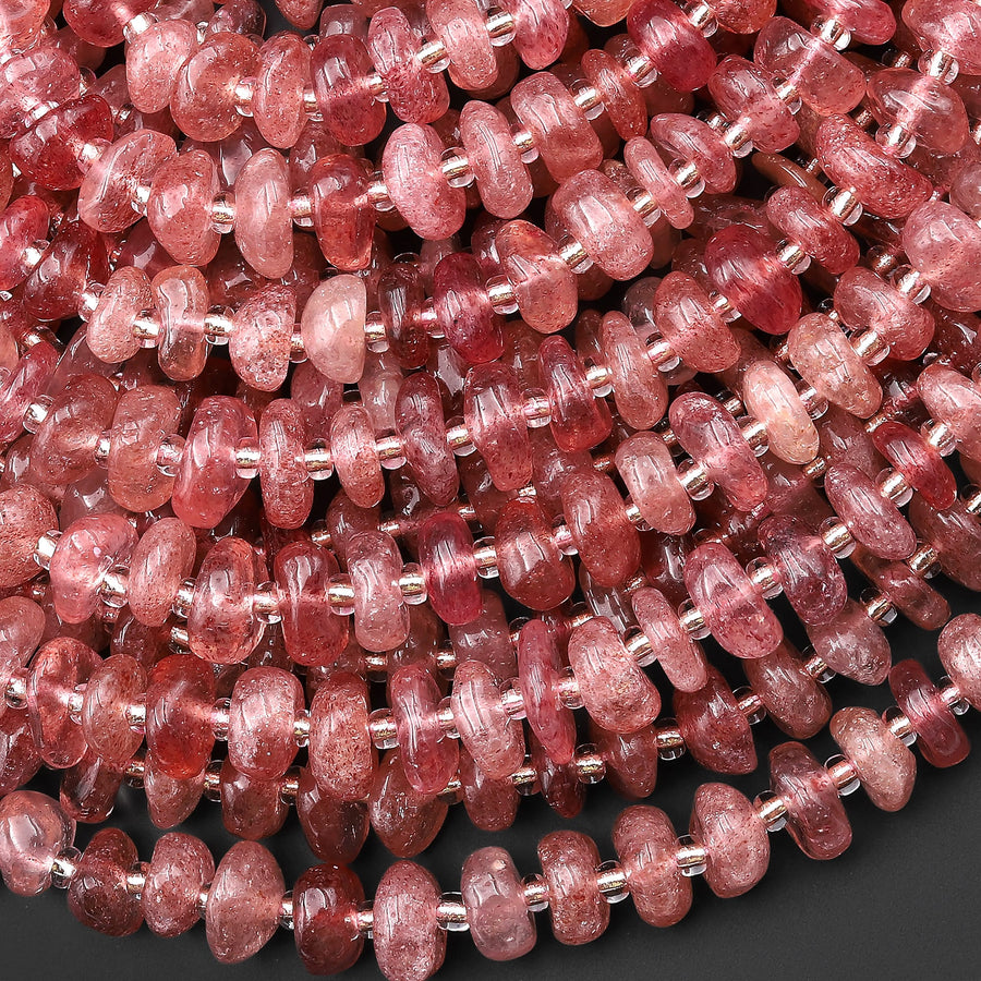 Natural Strawberry Quartz Freeform Center Drilled 8mm 10mm Rondelle Disc Beads 15.5" Strand